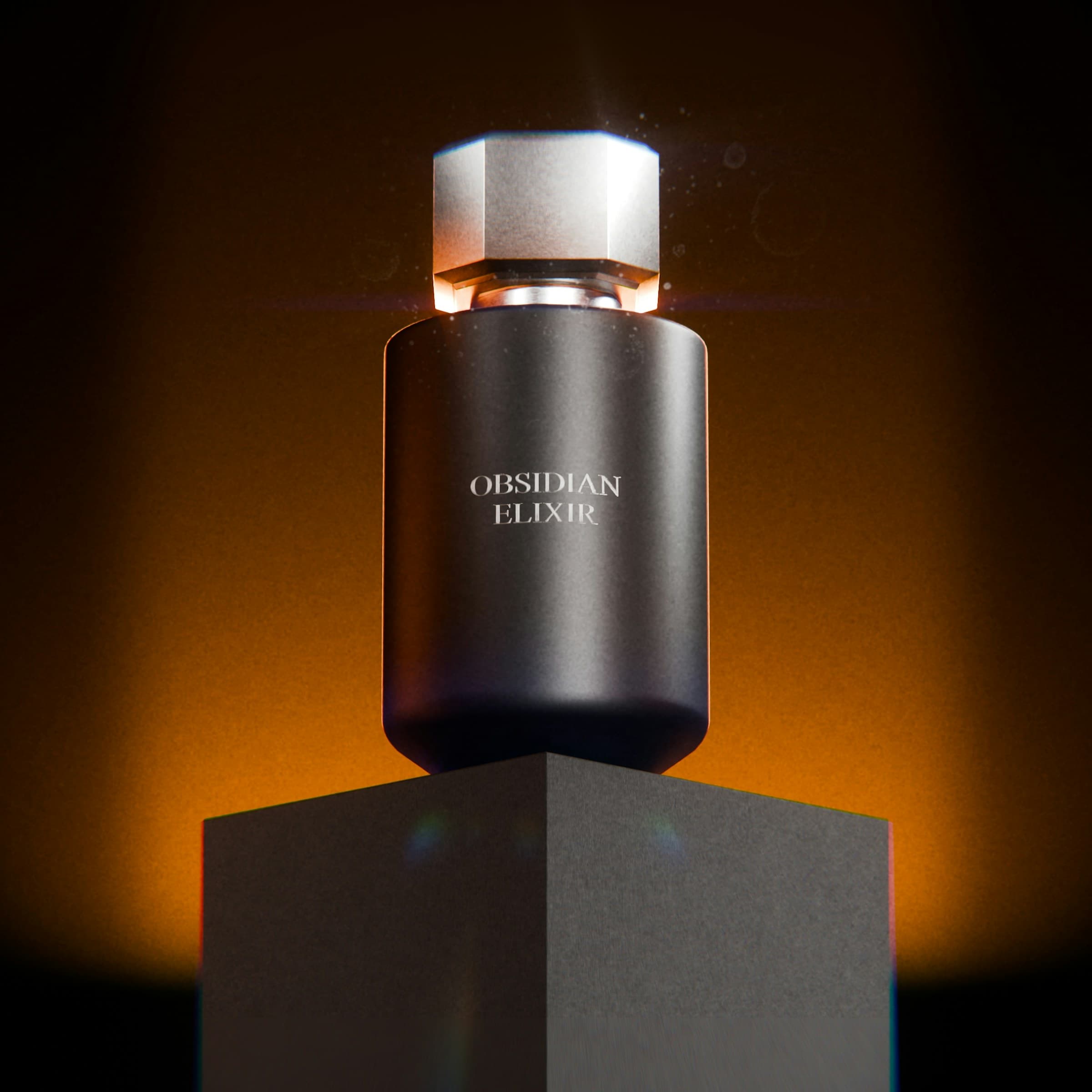 Frasco de perfume oscuro sobre un pedestal, con luz cálida de estudio